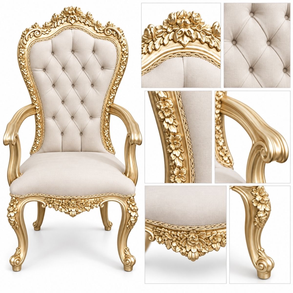 Bellavienne – Luxe Barok Eetkamerstoel met Armleuningen – Champagnegoud