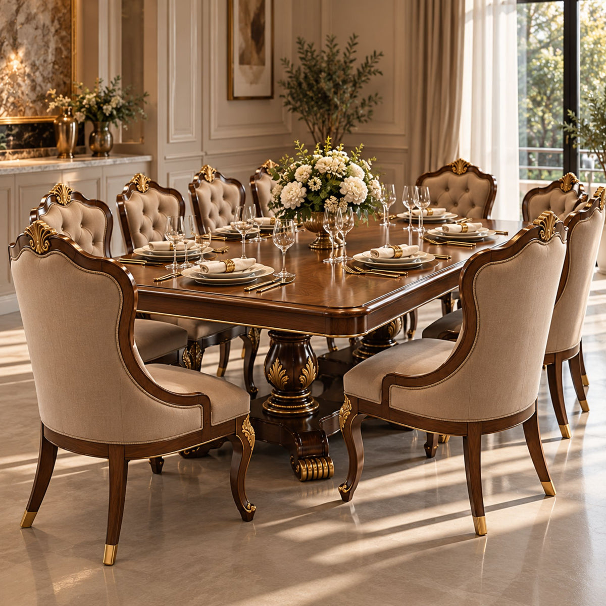Bellacorte – Klassieke Eetkamerset Walnut & Gold