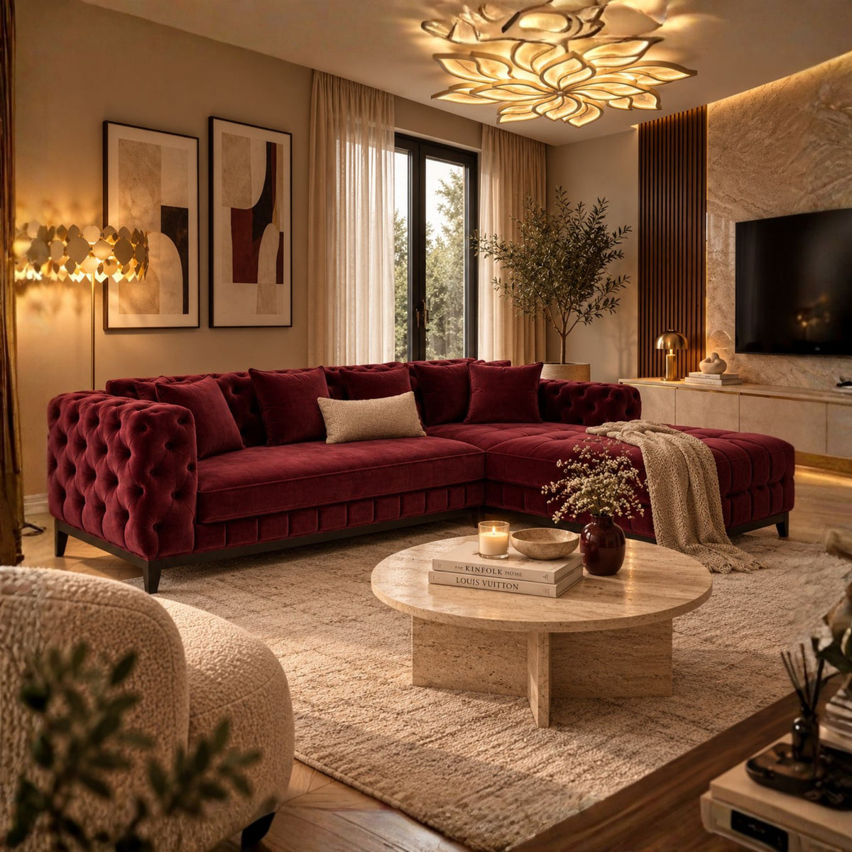 Bordeaux Chesterfield – Luxe Velvet Hoekbank