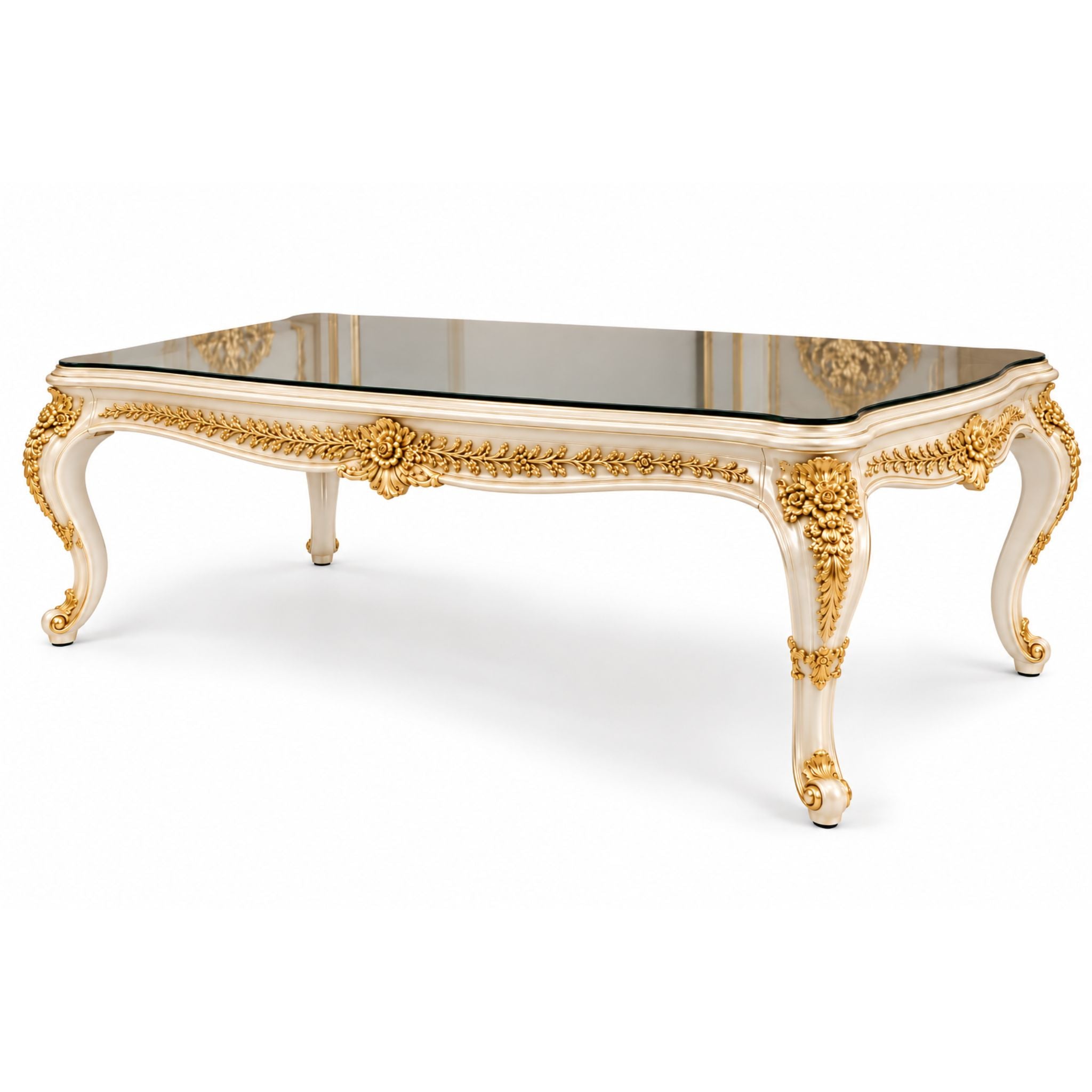 Célestine Blanche – Barok Eettafel met Rookglas – Off white Gold