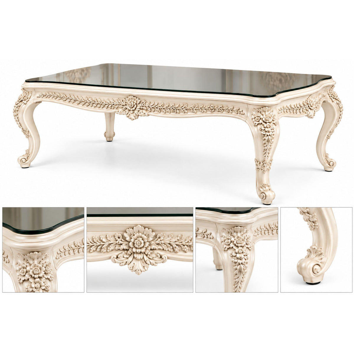 Célestine Blanche – Barok Eettafel met Rookglas – Off-White