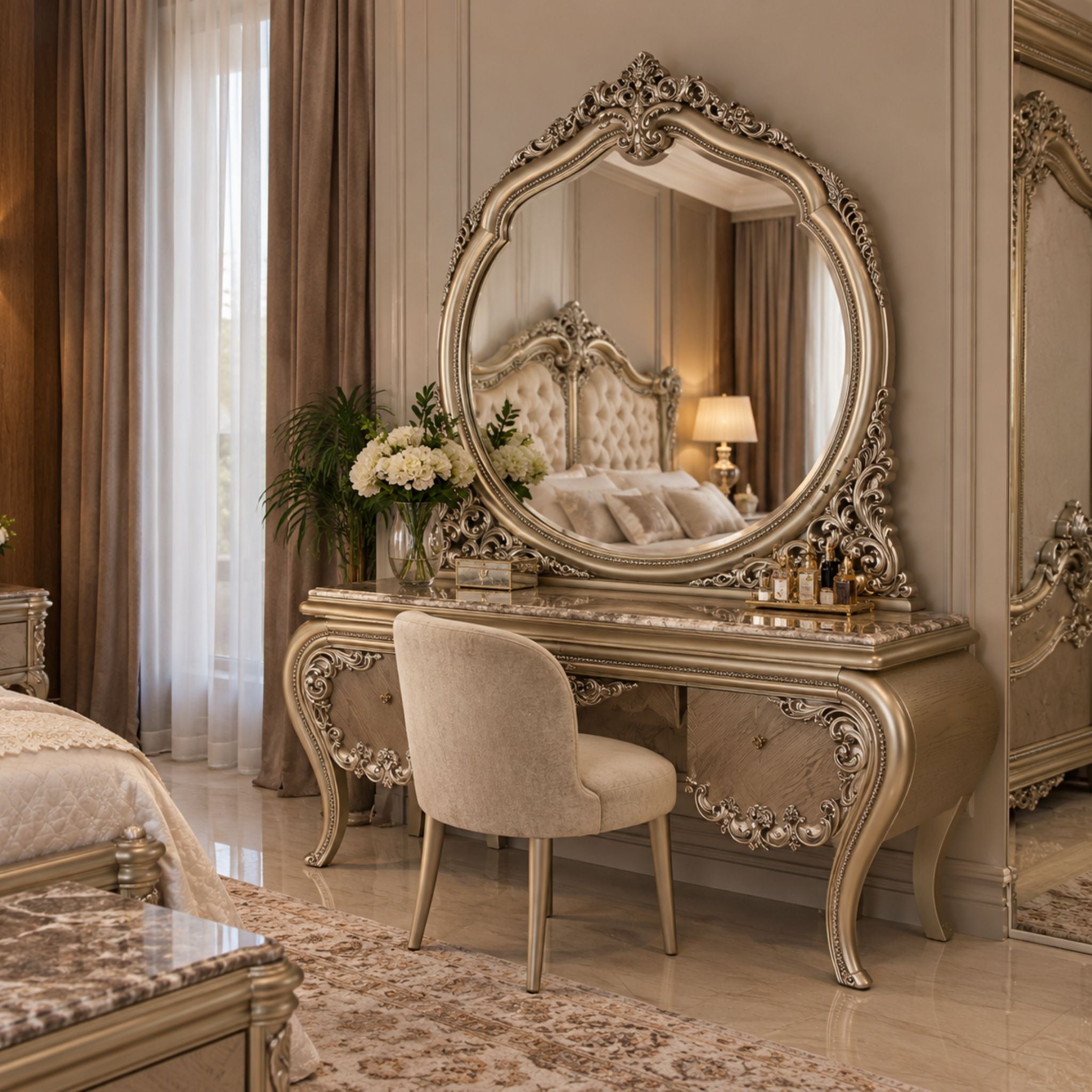 Seraphina Imperial – Barok Kaptafel met Spiegel – Champagnezilver