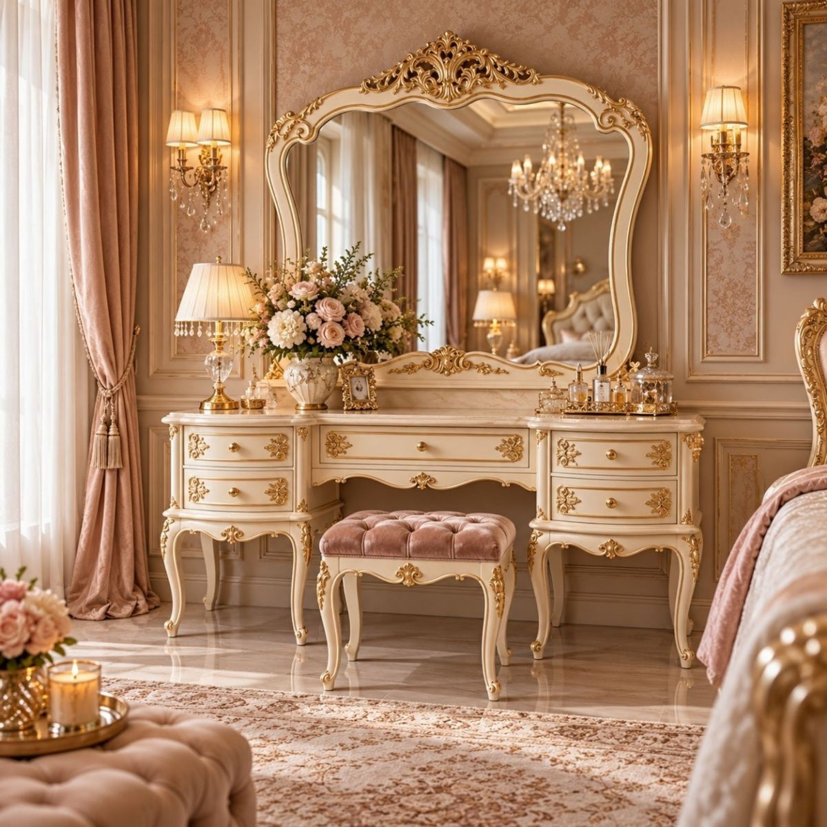 Velloria Royale – Barok Make-up Tafel met Spiegel & Poef
