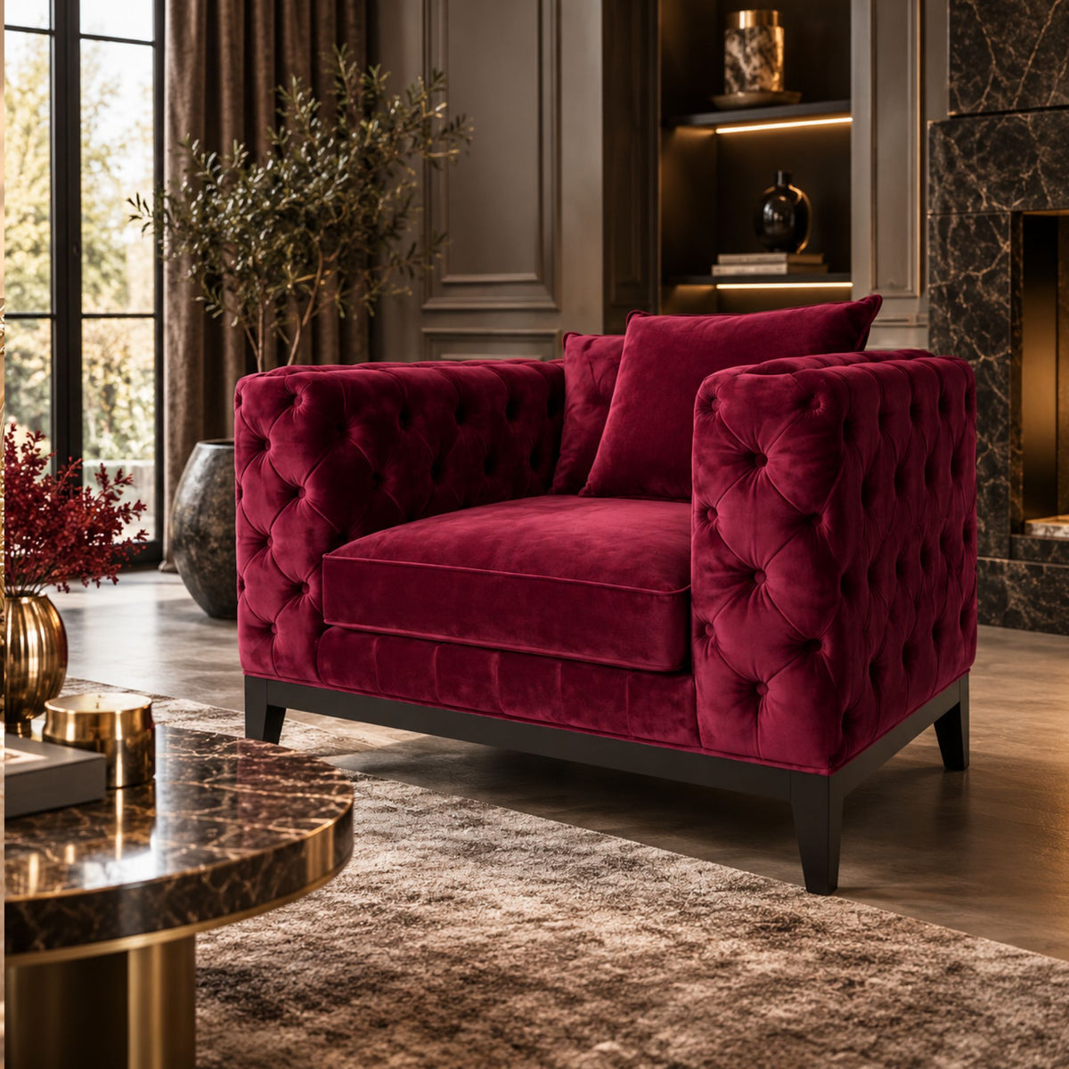 Velvienne – Luxe Chesterfield Fauteuil – Bordeauxrood Velvet
